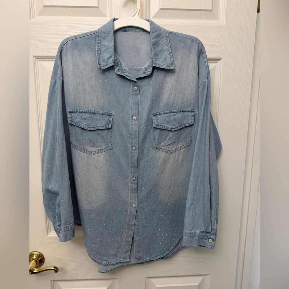 Imported Korean Light Wash Denim Button-Up Shirt with Subtle Rhinestones